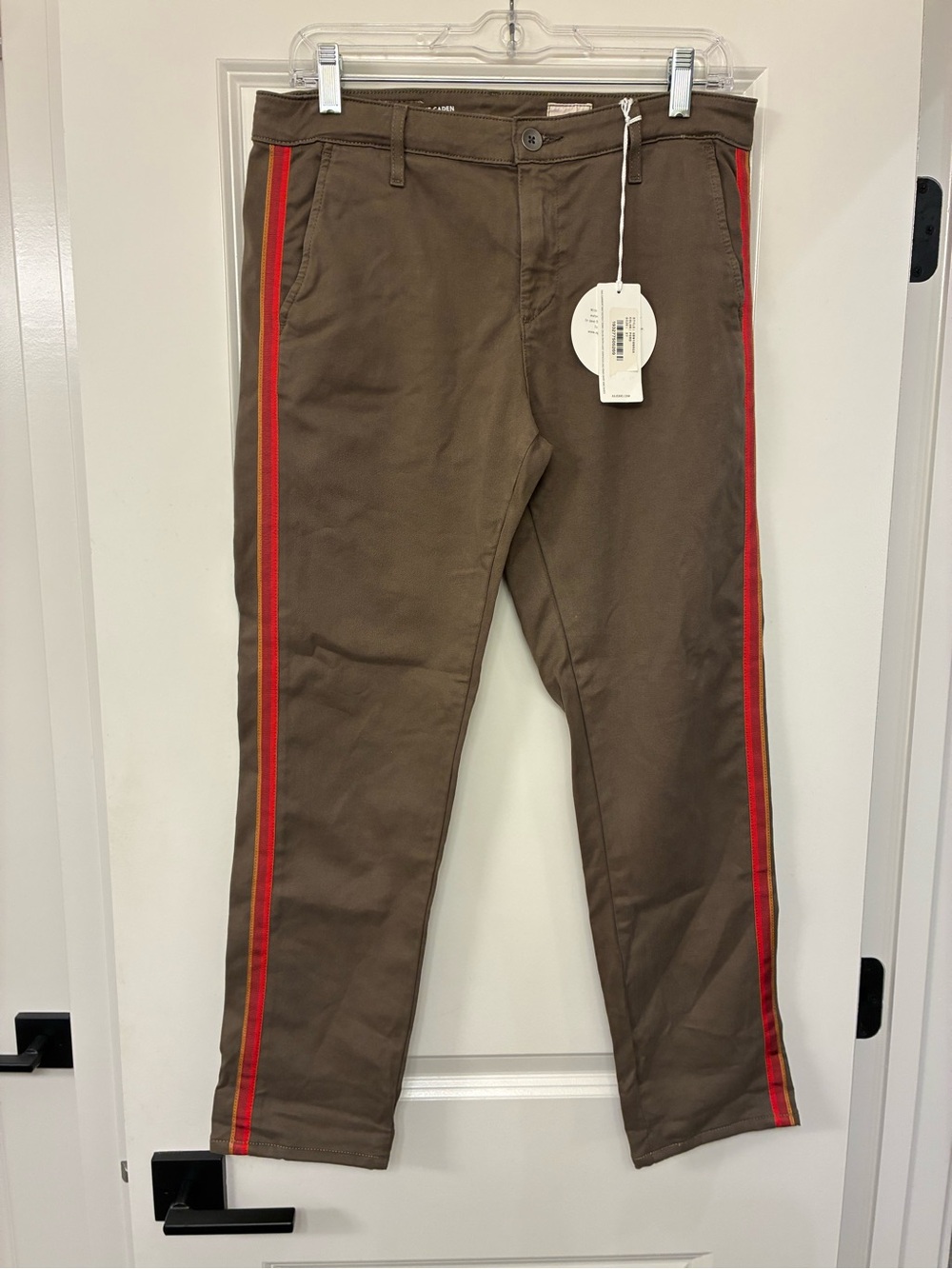 Ag Adriano Goldschmied Brown Straight-Leg Pants with Red Side Stripe